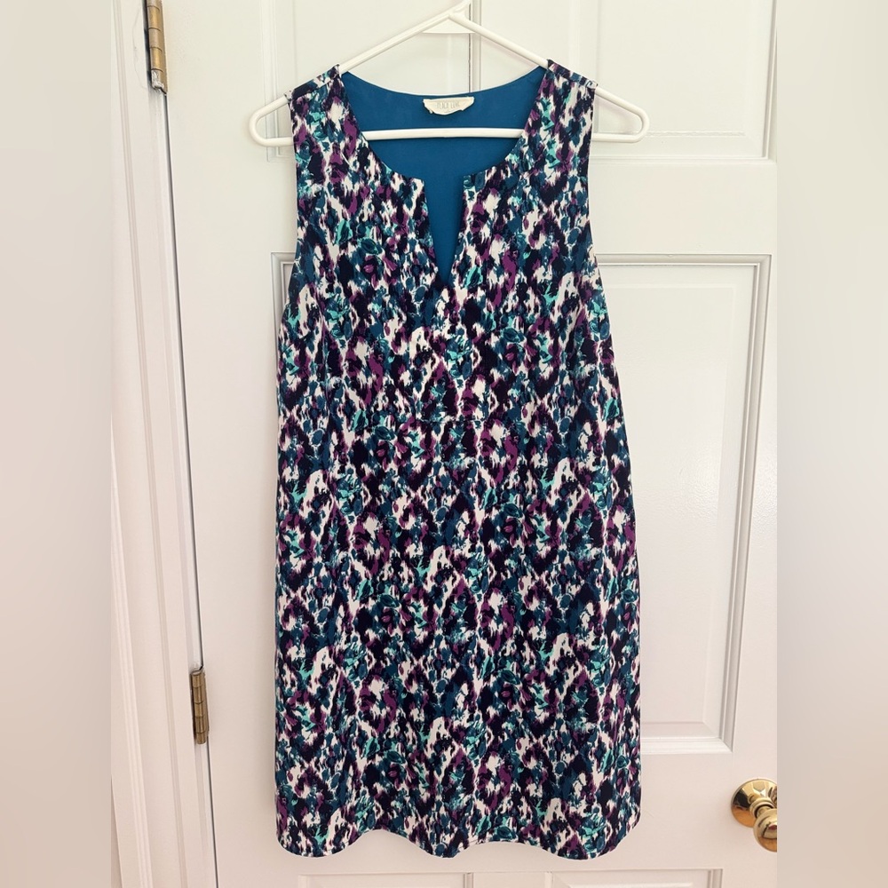 Sleeveless Teal, Purple & White Printed Shift Dress